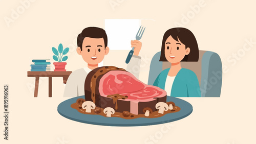 Couple enjoys a large roast dinner with mushrooms and gravy