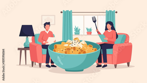 Couple enjoys a large bowl of pasta with cheese and pepper at home