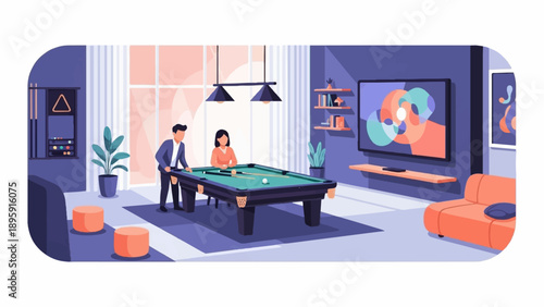 Couple enjoys a game of billiards in a modern, well-lit living room