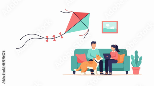 Couple relaxing at home with dog, kite, and artwork