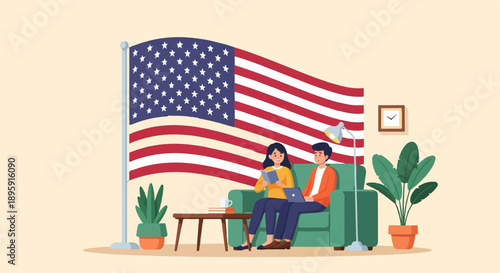 Couple relaxing at home with American flag backdrop and houseplants