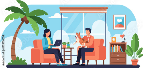 Couple relaxing at home with laptop and dog, enjoying a tropical ambiance