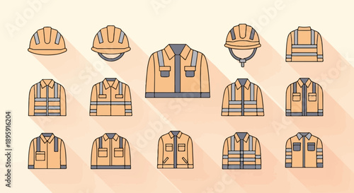 Collection of orange safety jackets and helmets with reflective stripes