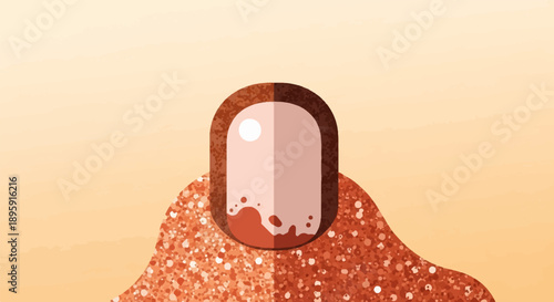 Close-up of a stylized, textured nail with a gleaming surface against a soft, peachy background