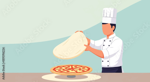 Chef expertly tosses pizza dough above a finished pie on a rotating stand