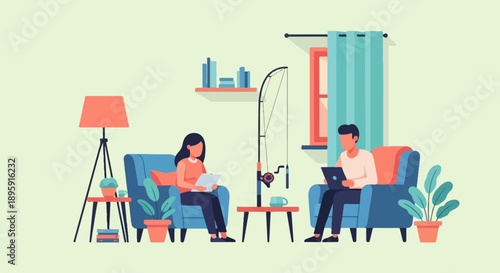 Couple relaxing indoors with technology and hobbies on a light green background