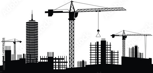 Silhouette of a city skyline under construction with multiple tower cranes and unfinished buildings against a white background