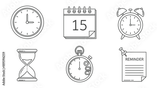 Timekeeping Icons: A collection of meticulously crafted timekeeping icons, encompassing a clock, calendar, alarm clock, hourglass, stopwatch, and reminder note, each rendered with simple lines.