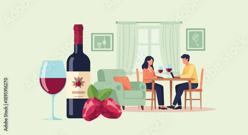 Couple enjoying wine and a laptop at a table indoors