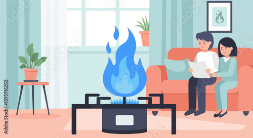 Couple enjoying warmth and light from a gas stove in a cozy living room