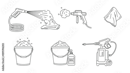 Car Cleaning Tools Illustration: Detailed line art illustrates various tools essential for car cleaning. Showing different tools to use for detailed car washing. 