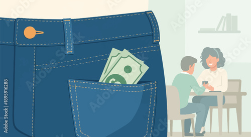 Close-up of blue jeans pocket with cash, two people converse at a cafe table