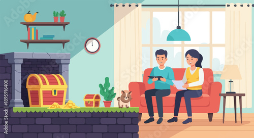 Couple relaxing on sofa next to fireplace with treasure chests and small dog