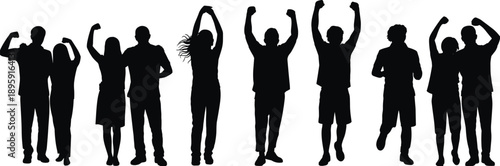 Silhouettes of a diverse group of individuals with raised fists and arms in a triumphant and powerful stance against a white backdrop