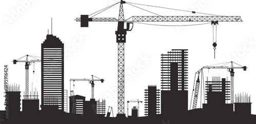 Silhouette of a developing city with numerous tower cranes, high-rise buildings, and construction against a white backdrop