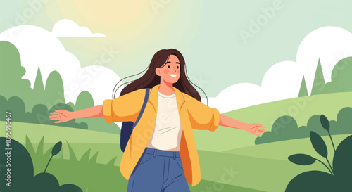 Cheerful woman with arms outstretched, enjoying a sunny day outdoors