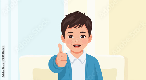 Cheerful young boy in blue cardigan gives a thumbs up with a big smile