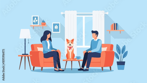 Couple relaxing at home with their dog, cozy living room