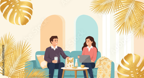 Couple relaxing on sofa with laptop and snacks, surrounded by golden foliage