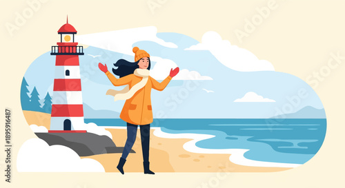 Cheerful woman in orange coat near lighthouse by ocean