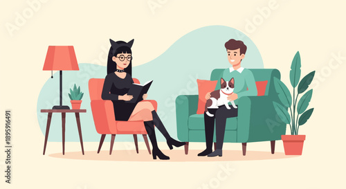 Couple relaxing at home with their pet dog and reading a book