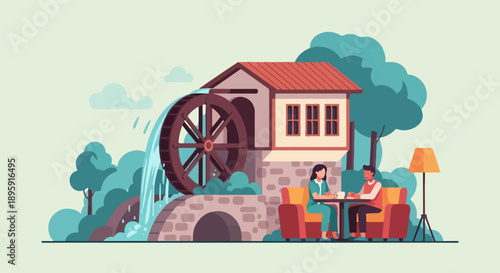 Couple enjoying coffee by a historic water mill in a serene setting