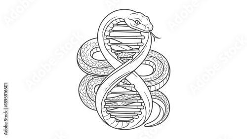 Serpent and DNA: An illustration of a serpent intertwined around a DNA strand, a symbolic representation of biology.