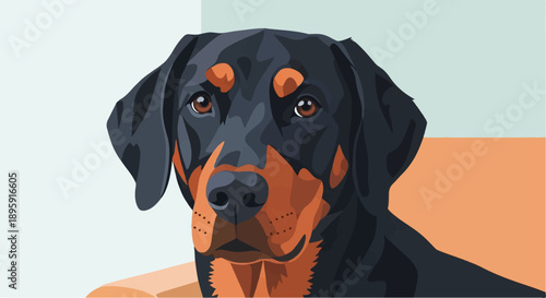 Close-up portrait of a dog with dark fur and tan markings, depicted in a flat illustration style