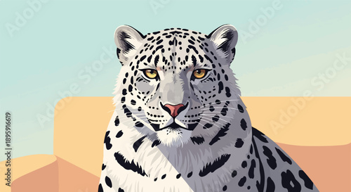 Close-up portrait of a snow leopard's face with striking yellow eyes