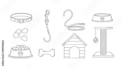 Essentials of Pet Care: An illustrated collection of pet essentials, thoughtfully arranged to showcase the fundamental items necessary for nurturing and caring for a cherished pet. 