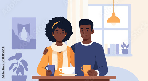 Couple enjoying a warm beverage indoors by the window with plants