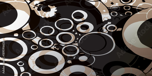 Abstract pattern with various sized circles and rings in black white and beige tones.