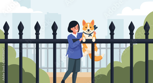 Cheerful person embraces corgi over decorative metal fence in park