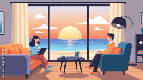 Couple enjoying a sunset view from their living room by the sea