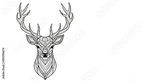 Ornate zentangle deer head with intricate patterns and large antlers.