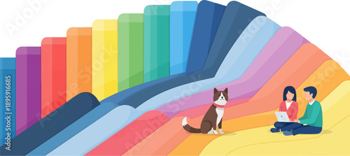 Colorful abstract landscape with people and dog