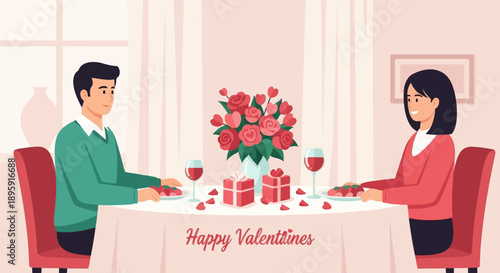 Couple enjoying a romantic Valentine's dinner with roses, gifts, and wine