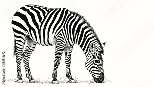 Zebra Grazing on Grass - Black and White Illustration