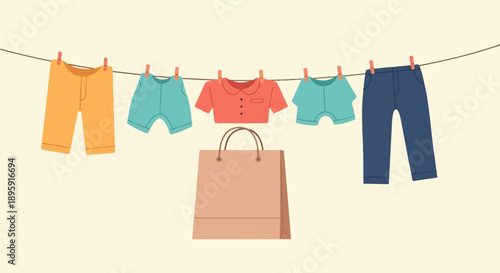 Clothes and shopping bag hanging on a clothesline to dry