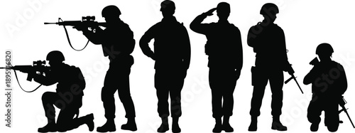 Silhouettes of soldiers in tactical gear holding rifles and performing military actions including aiming, saluting, and kneeling in a stark black and white composition
