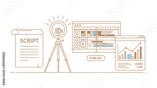 Publishing: Conceptual image, with script, website and camera, symbolizing the process of recording and publishing