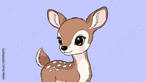 Cute baby fawn cartoon illustration on a light purple background.