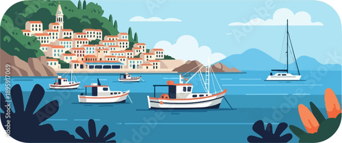 Coastal village with boats docked in a serene blue bay under a clear sky