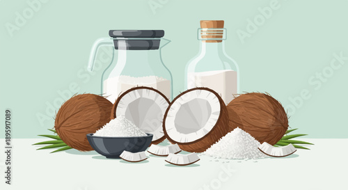 Coconuts and their products in containers on a pastel background