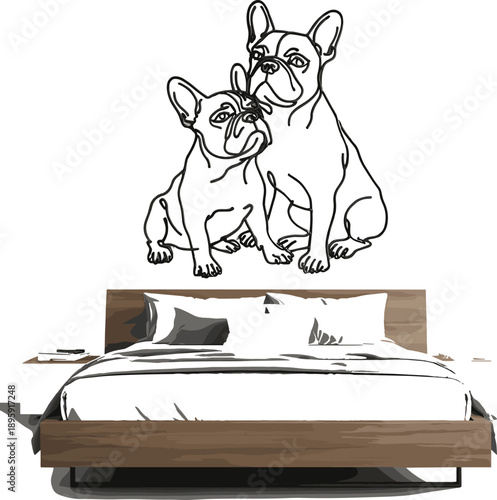 Cute illustration of two french bulldogs sitting above a bed
