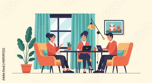 Colleagues collaborate in a modern home office with laptops