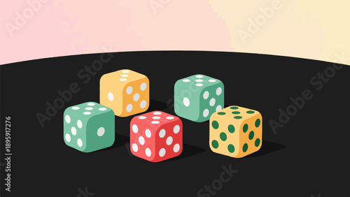 Colorful dice scattered on a dark surface under a soft gradient sky