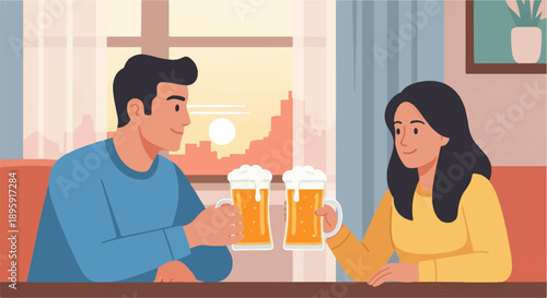 Couple enjoying a beer toast with city skyline sunset view