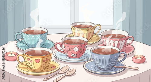 Colorful cups of steaming hot beverages arranged on a table with candles