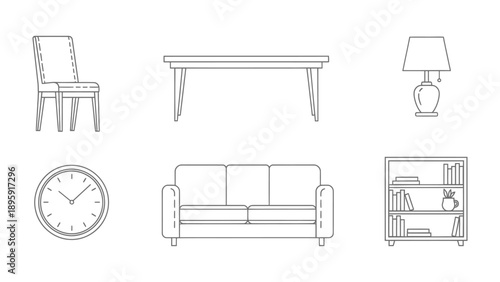 Interior Design Essentials: A collection of meticulously crafted line art depicting essential furniture pieces, each element representing timeless elegance and functionality.